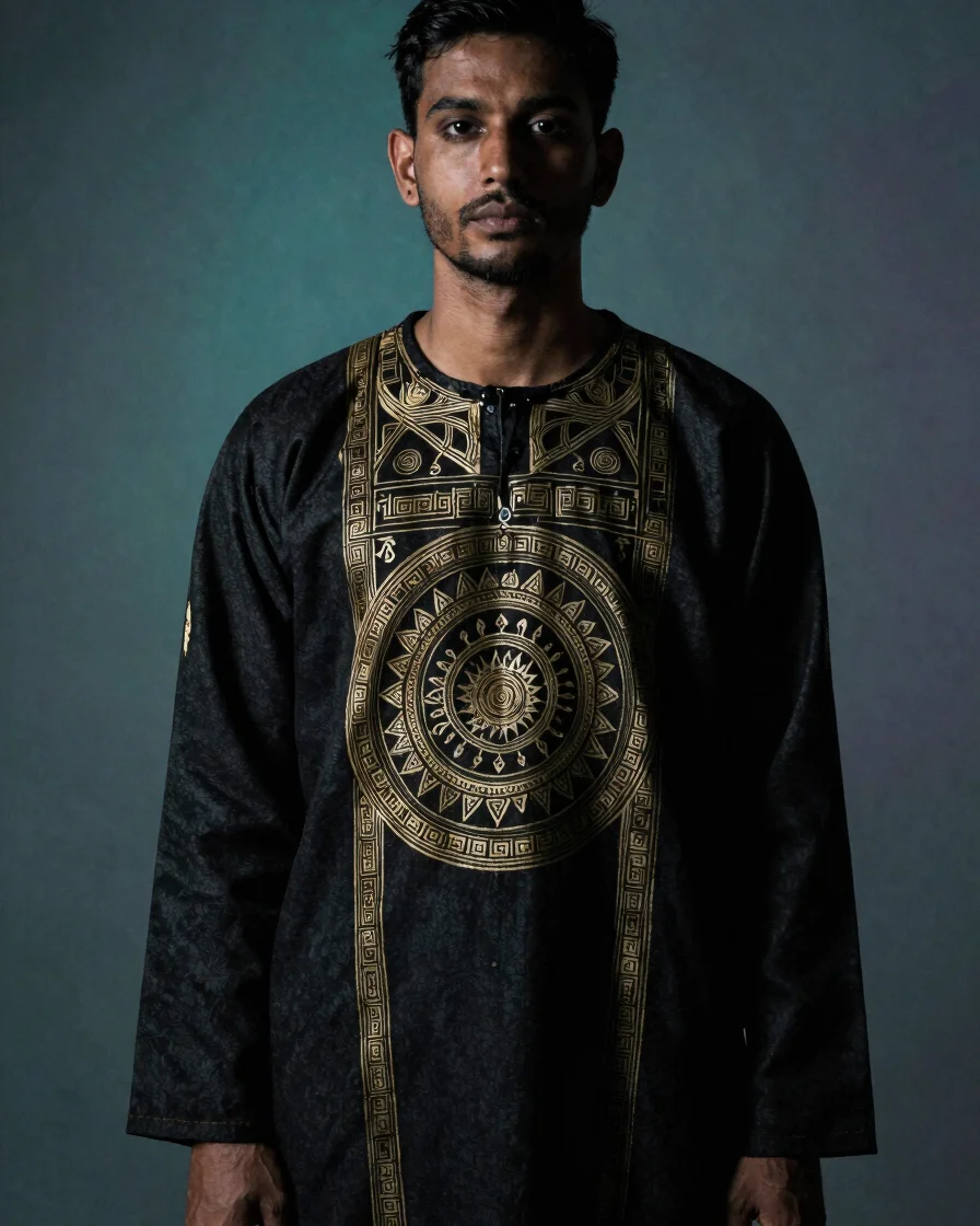Editorial fashion portrait in low-key studio light, a charcoal ga